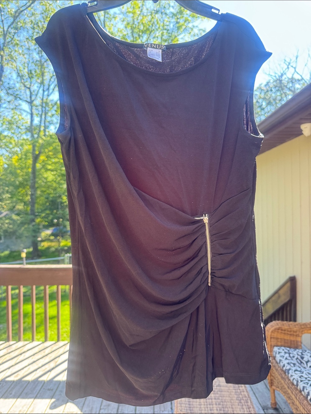 VENUS Black Sleeveless Ruched Dress with Gold Zipper
